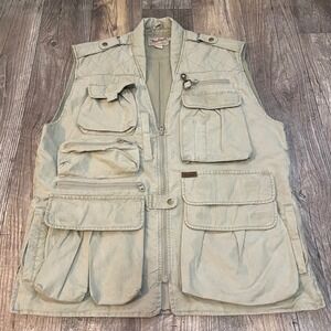 Woolrich Men Khaki Cotton Fishing Utility Vest Multi Pocket Large Rugged Outdoor
